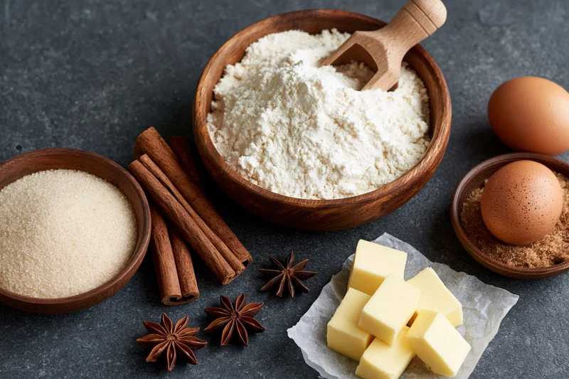 Baking ingredients arranged on dark countertop with flour, sugar, eggs, butter, cinnamon and star anise in wooden bowls and on parchment paper