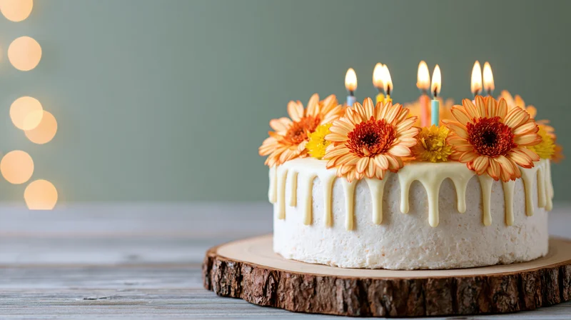 White drip cake with lit candles and orange gerbera flowers on wooden slice tray