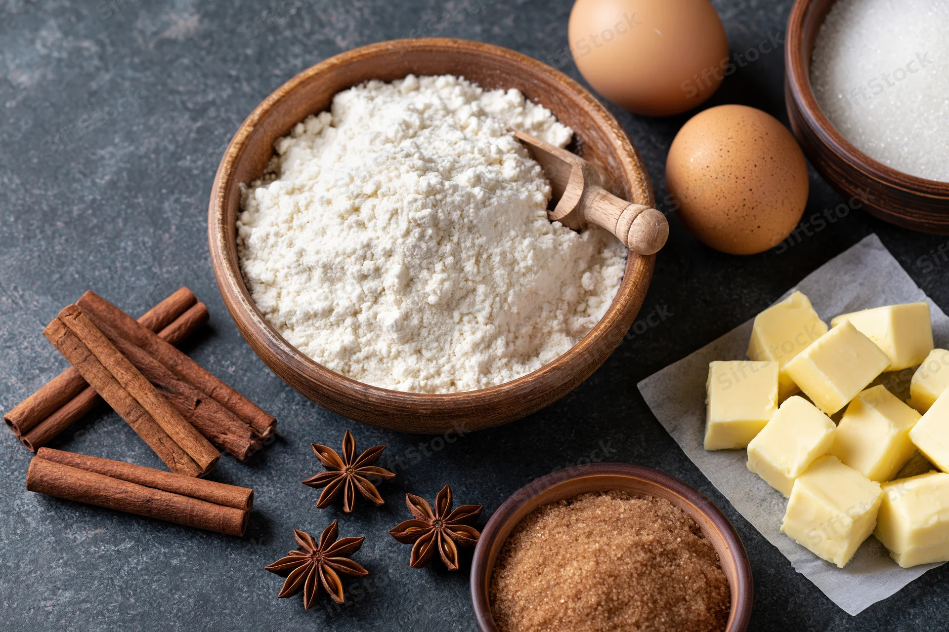 Baking ingredients arranged on dark countertop including flour, eggs, butter, cinnamon and star anise