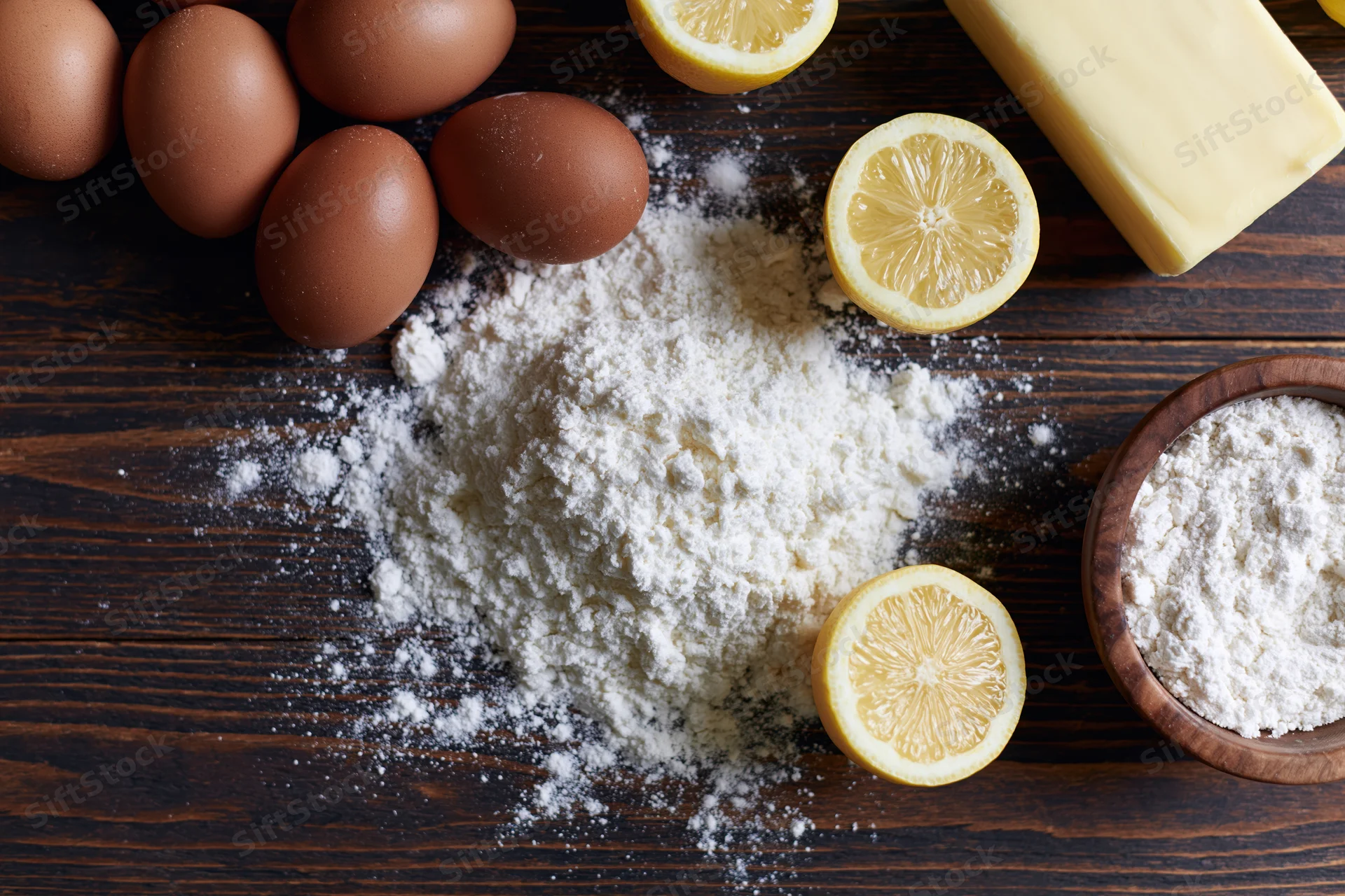 Baking ingredients arranged on a dark wooden table with flour, eggs, lemon slices and butter, top-down view
