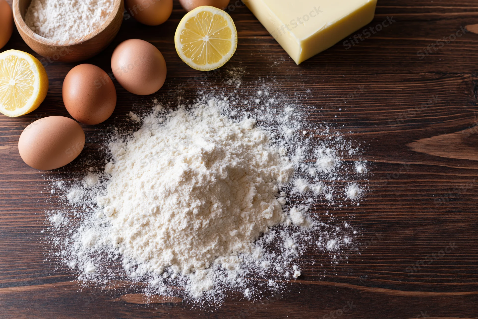 Pile of flour with eggs, lemon slices and butter on a dark wooden table