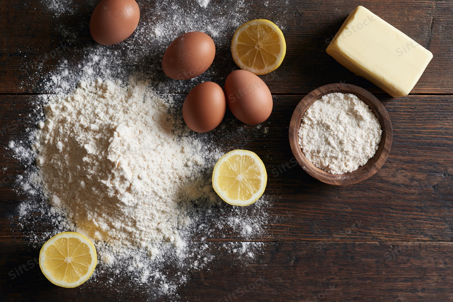 Baking ingredients including flour, eggs, butter and lemon slices arranged on a dark wooden table