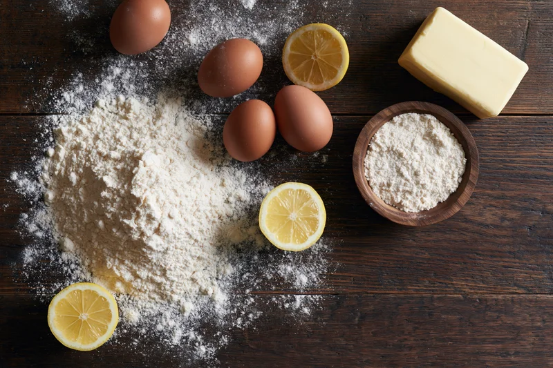 Baking ingredients including flour, eggs, butter and lemon slices arranged on a dark wooden table