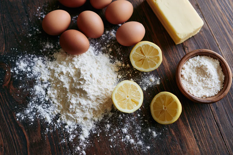 Baking ingredients including flour, eggs, butter and lemon slices arranged on a dark wooden table