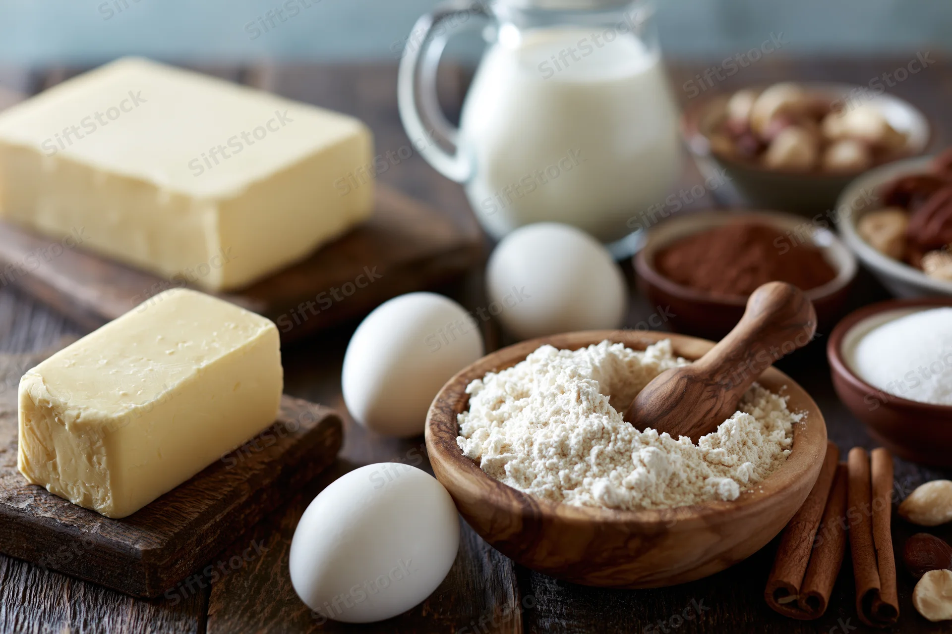 Baking ingredients arranged on a wooden table with flour, butter, eggs, milk, cinnamon, sugar, and nuts