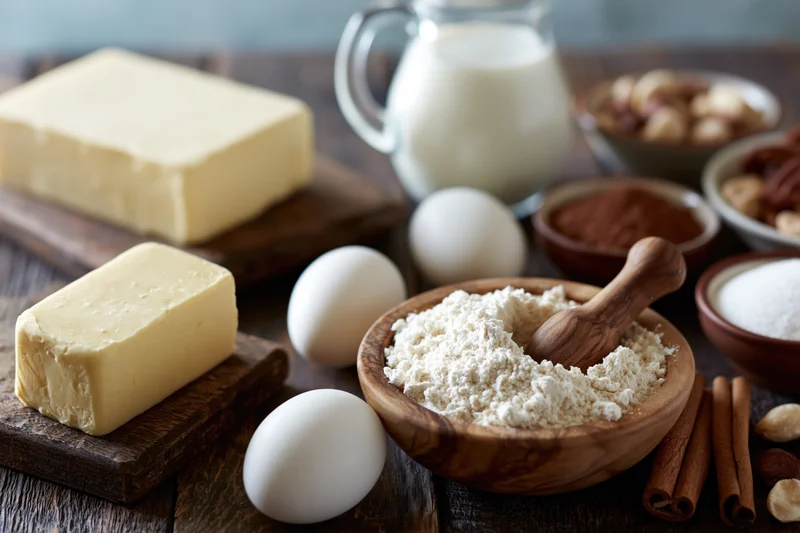 Baking ingredients arranged on a wooden table with flour, butter, eggs, milk, cinnamon, sugar, and nuts