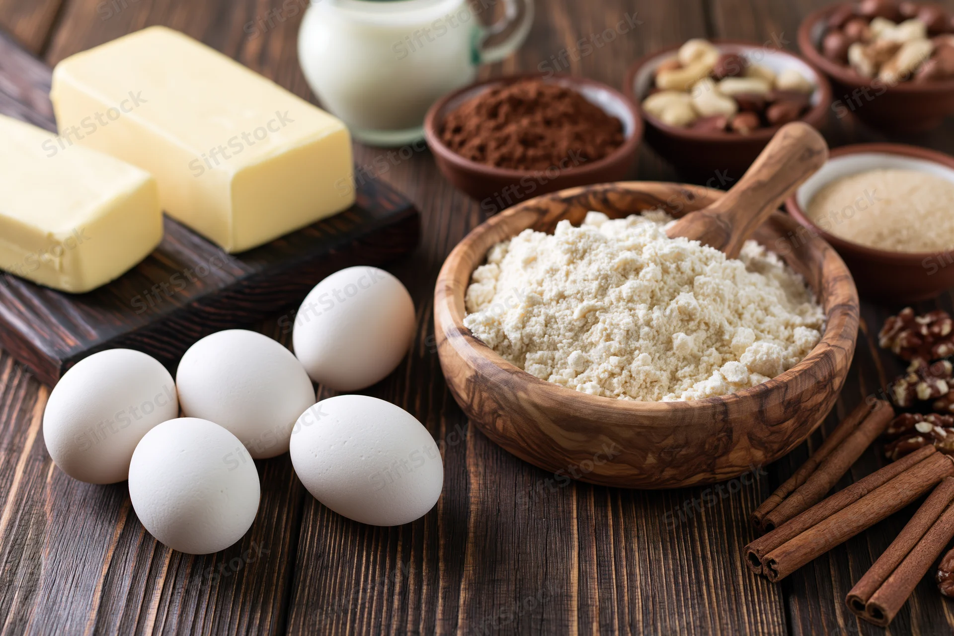 Baking ingredients arranged on a wooden table with flour in a bowl, eggs, butter, milk, cinnamon, nuts and cocoa