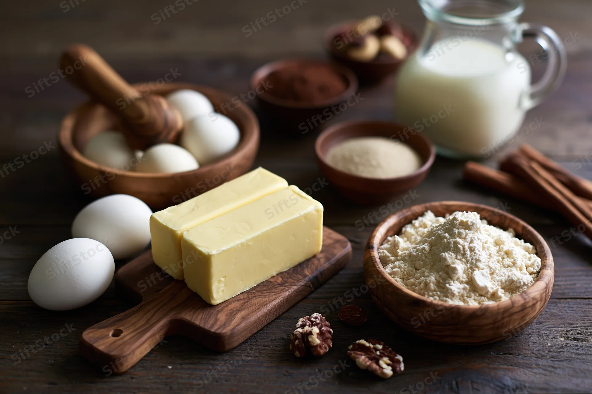 Butter and eggs with flour and milk arranged on a dark wooden table for baking
