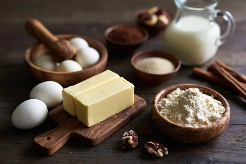 Butter and eggs with flour and milk arranged on a dark wooden table for baking
