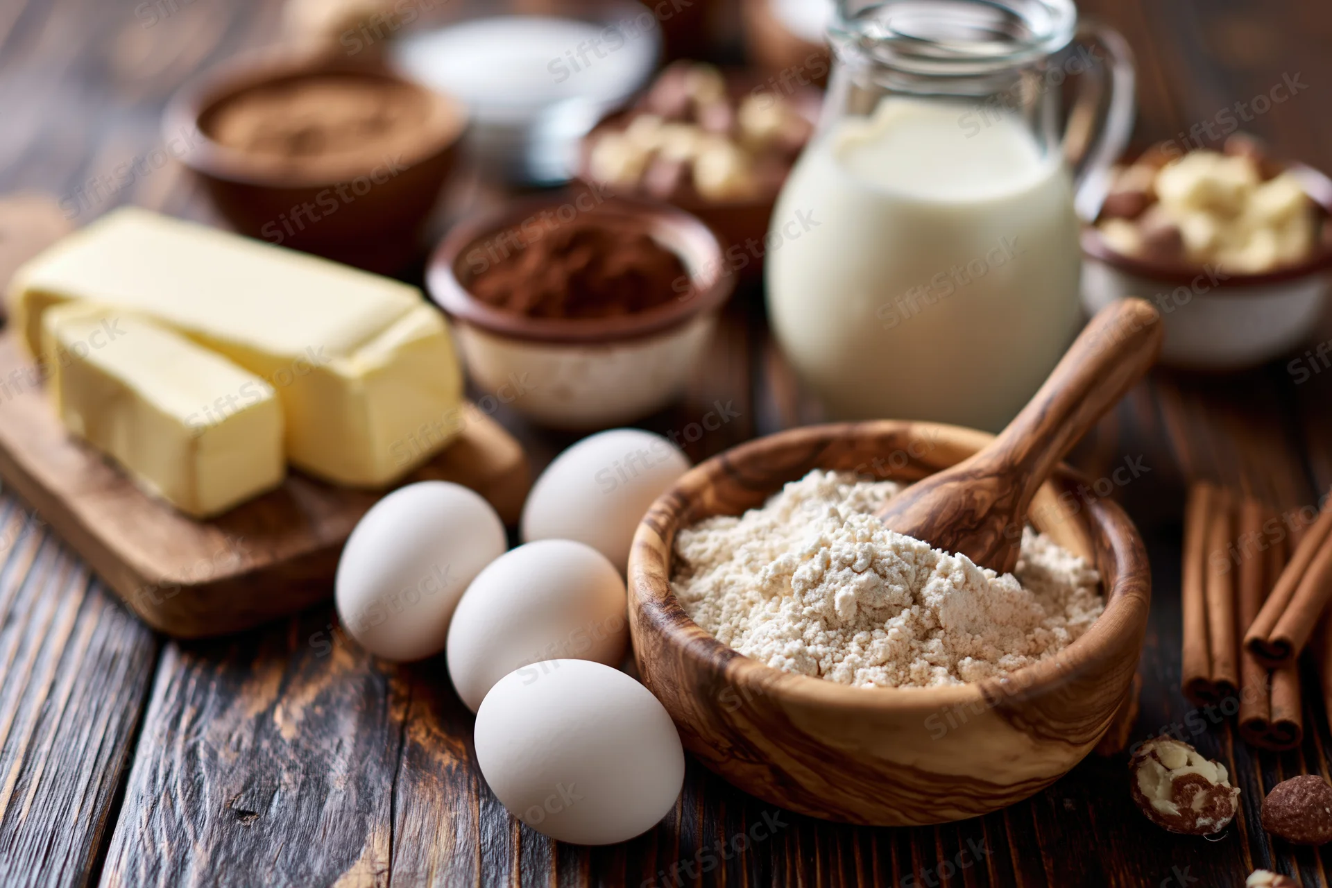 Baking ingredients arranged on a wooden table including flour, eggs, butter, milk, cinnamon, and nuts