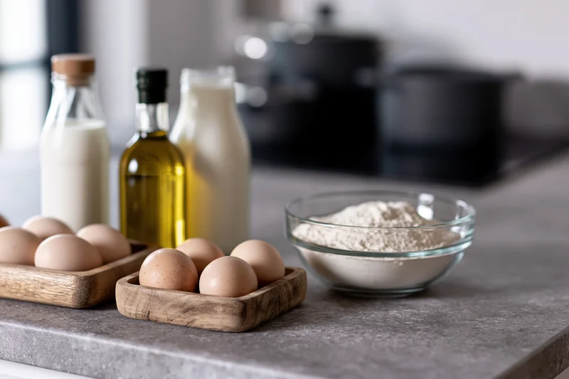 Baking ingredients arranged on a kitchen countertop including flour, eggs, milk and olive oil