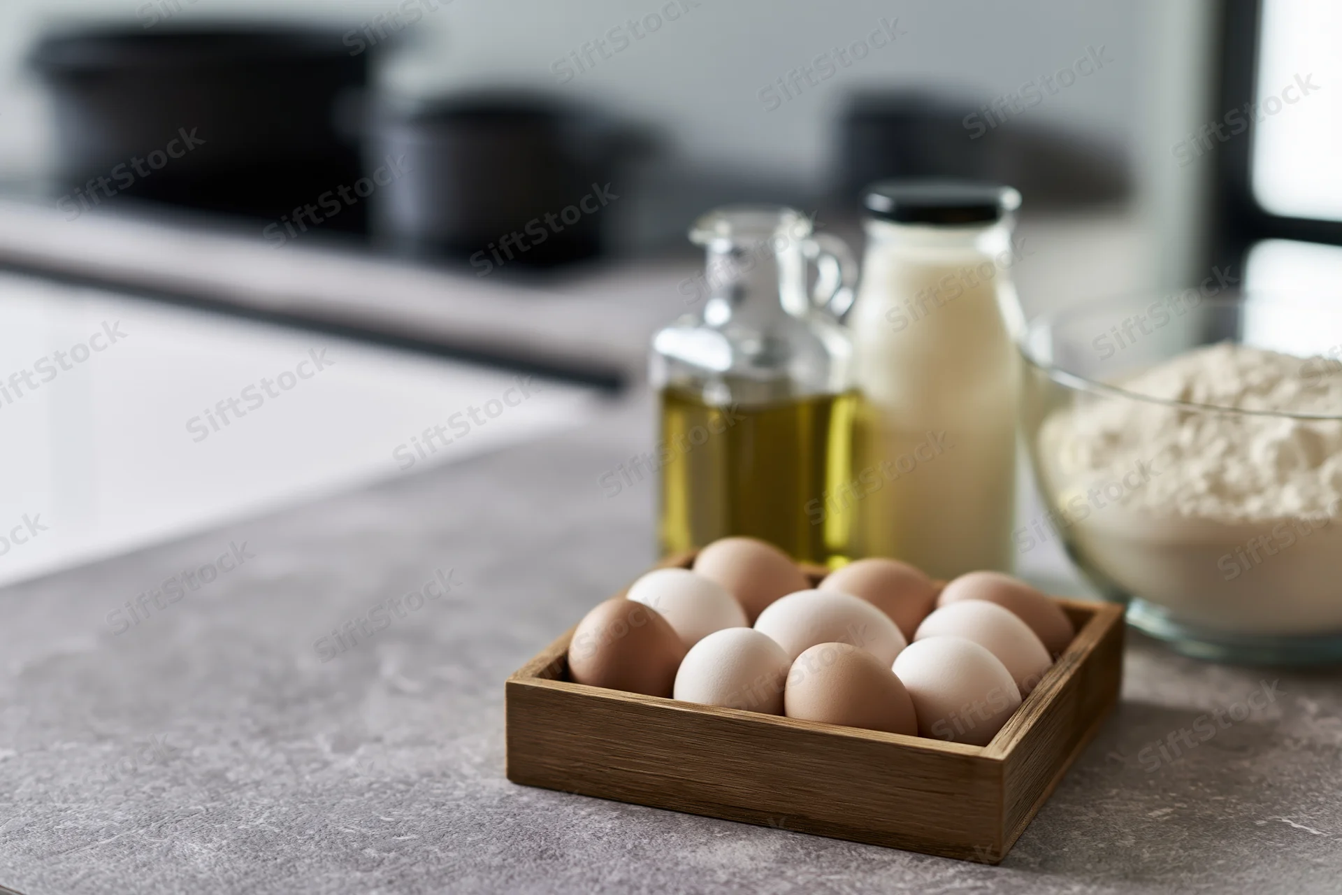Eggs in a wooden box on a kitchen countertop with flour, milk and oil nearby