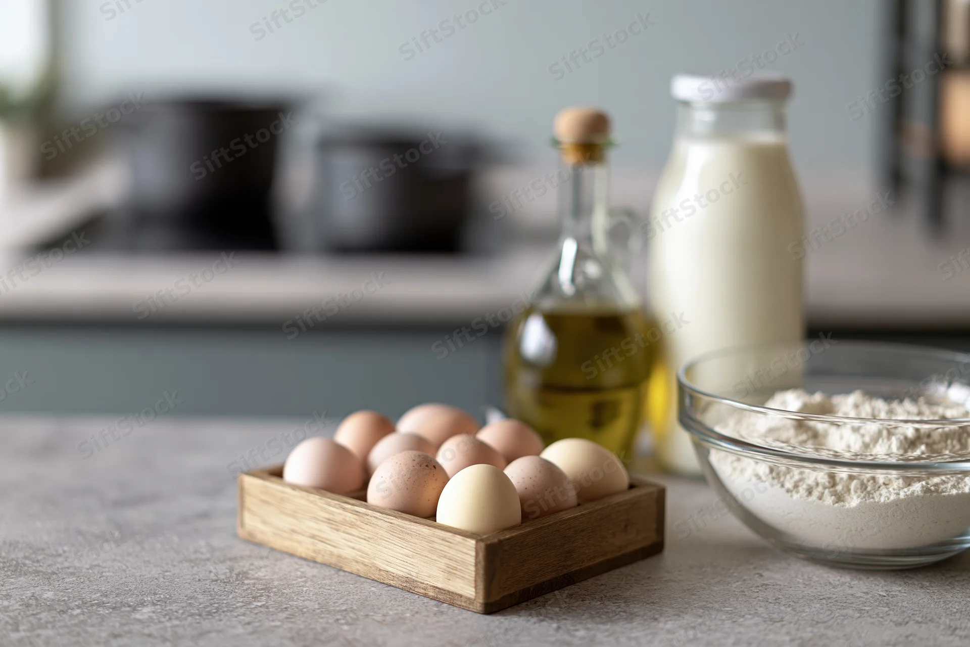 Eggs in a wooden tray with flour, milk and oil on a kitchen countertop