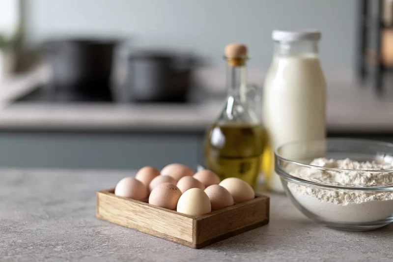 Eggs in a wooden tray with flour, milk and oil on a kitchen countertop