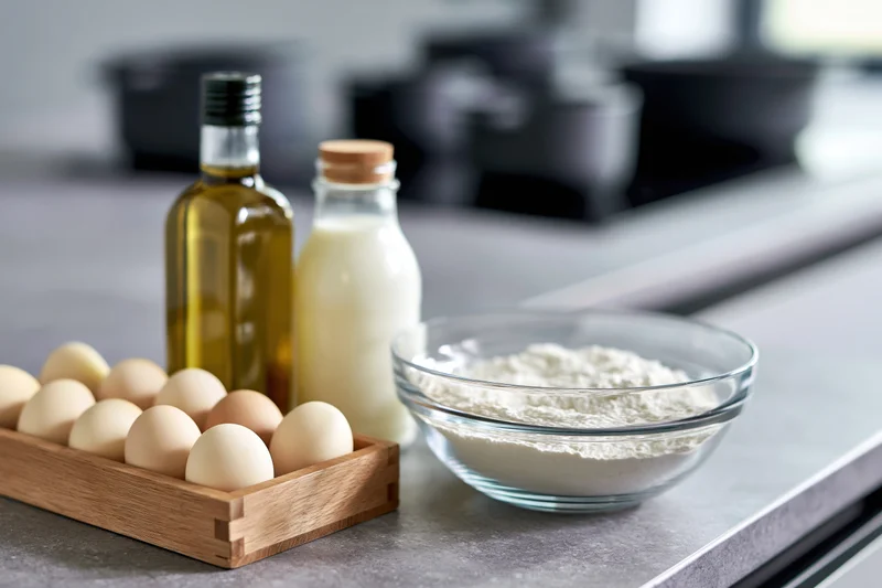 Baking ingredients arranged on a kitchen countertop including flour in a glass bowl, eggs in a wooden tray, milk and olive oil in bottles