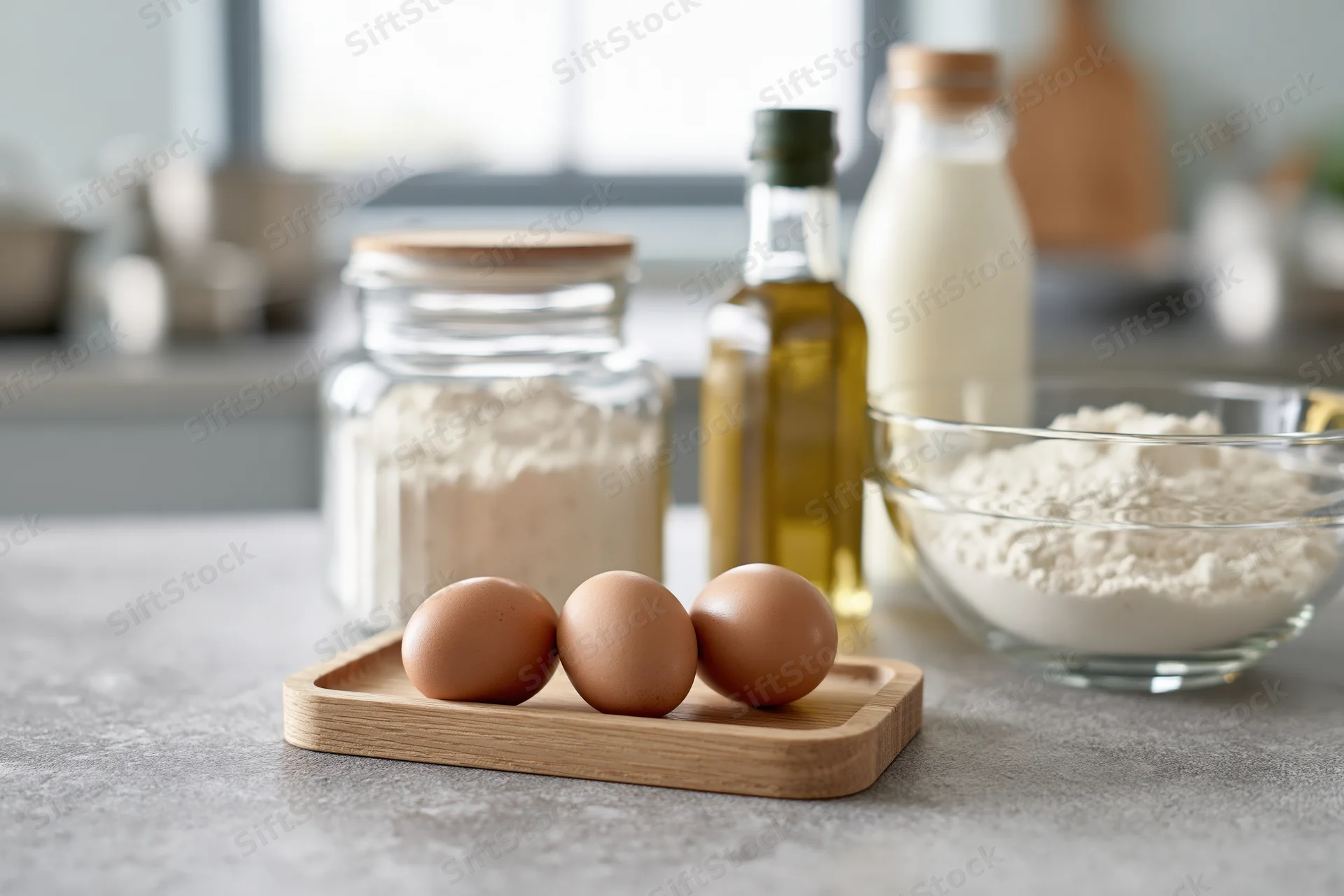 Three brown eggs on a wooden tray with flour, olive oil and milk on a kitchen countertop