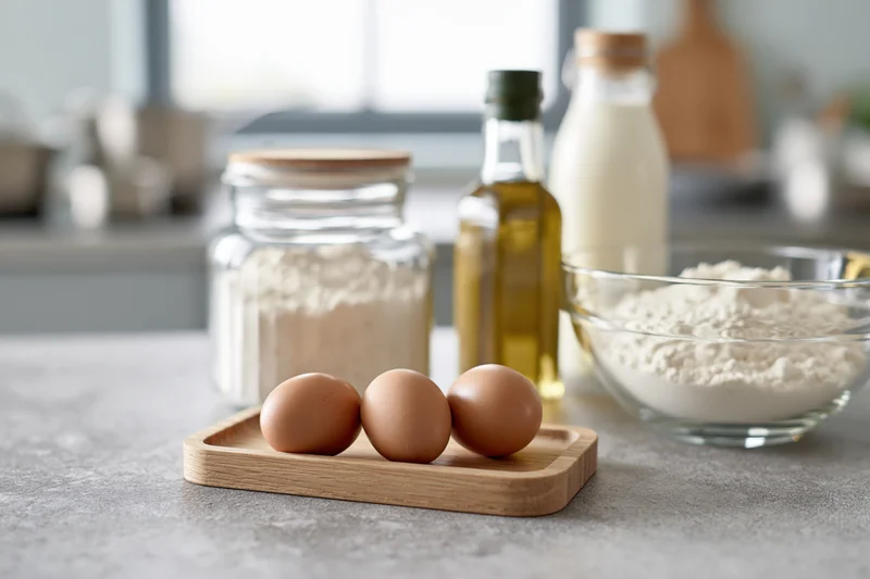 Three brown eggs on a wooden tray with flour, olive oil and milk on a kitchen countertop