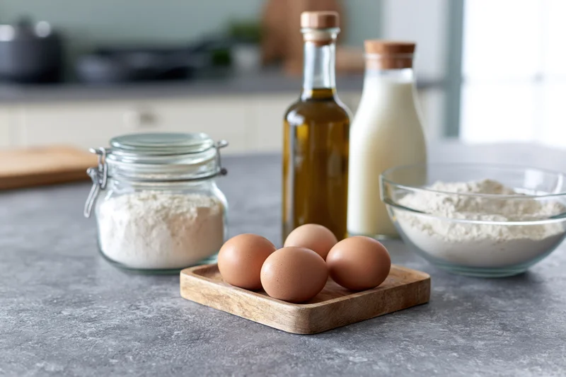 Baking ingredients arranged on a kitchen countertop including flour, eggs, milk and olive oil