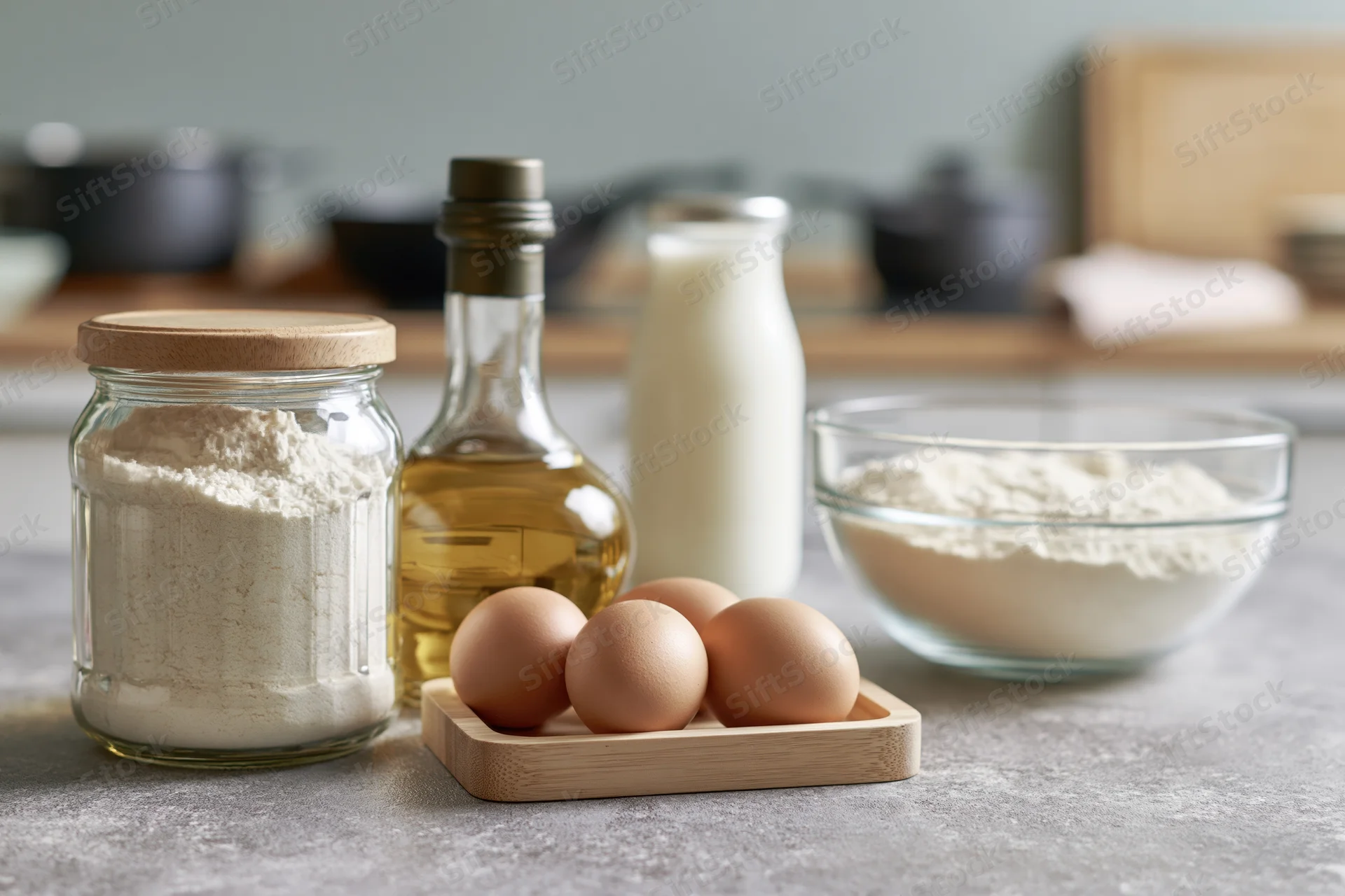 Baking ingredients arranged on a kitchen countertop with flour, eggs, milk and oil in glass containers and a wooden tray