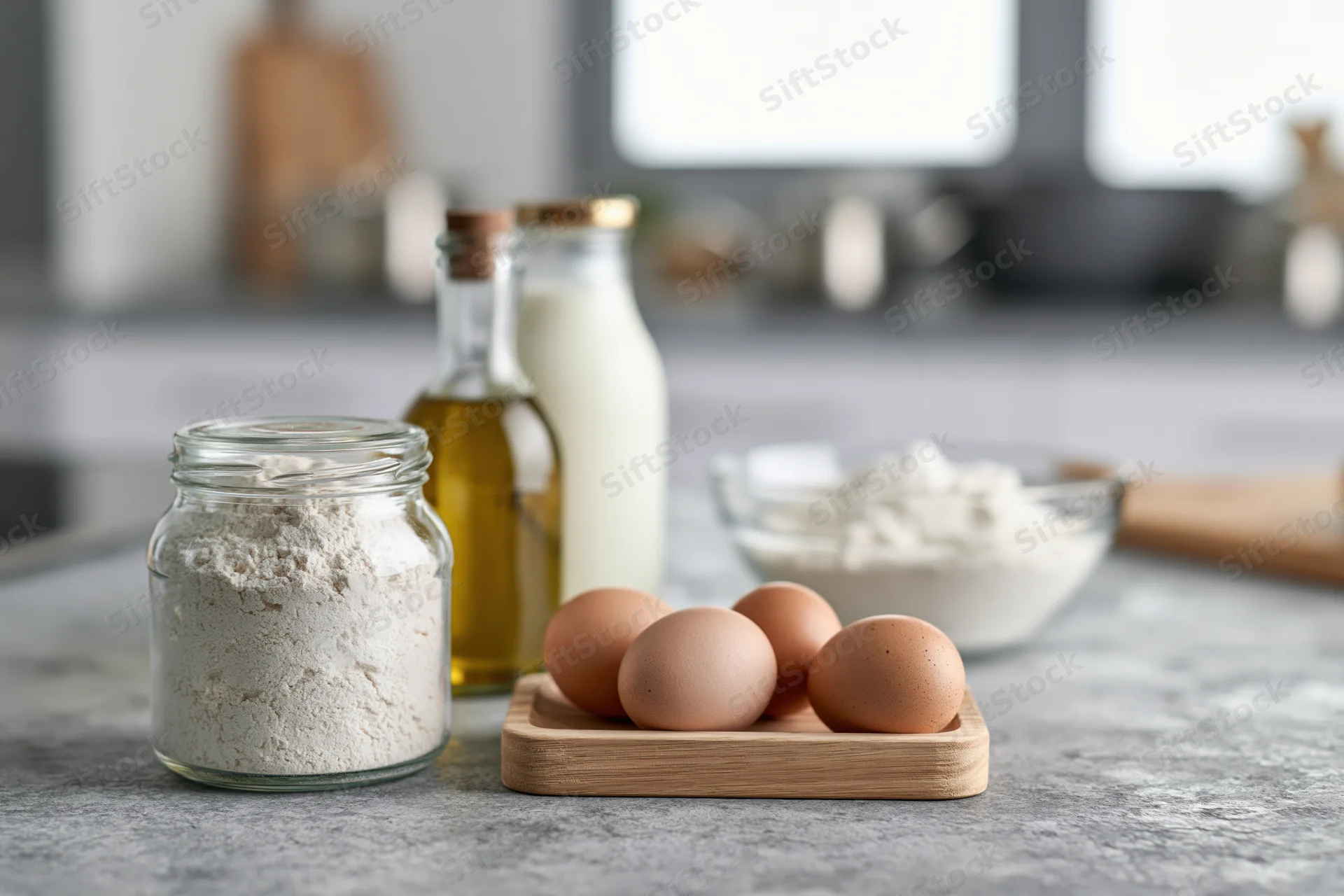 Baking ingredients arranged on a kitchen countertop with flour in a glass jar, eggs on a wooden tray, milk and oil in bottles, and a bowl of baking powder nearby