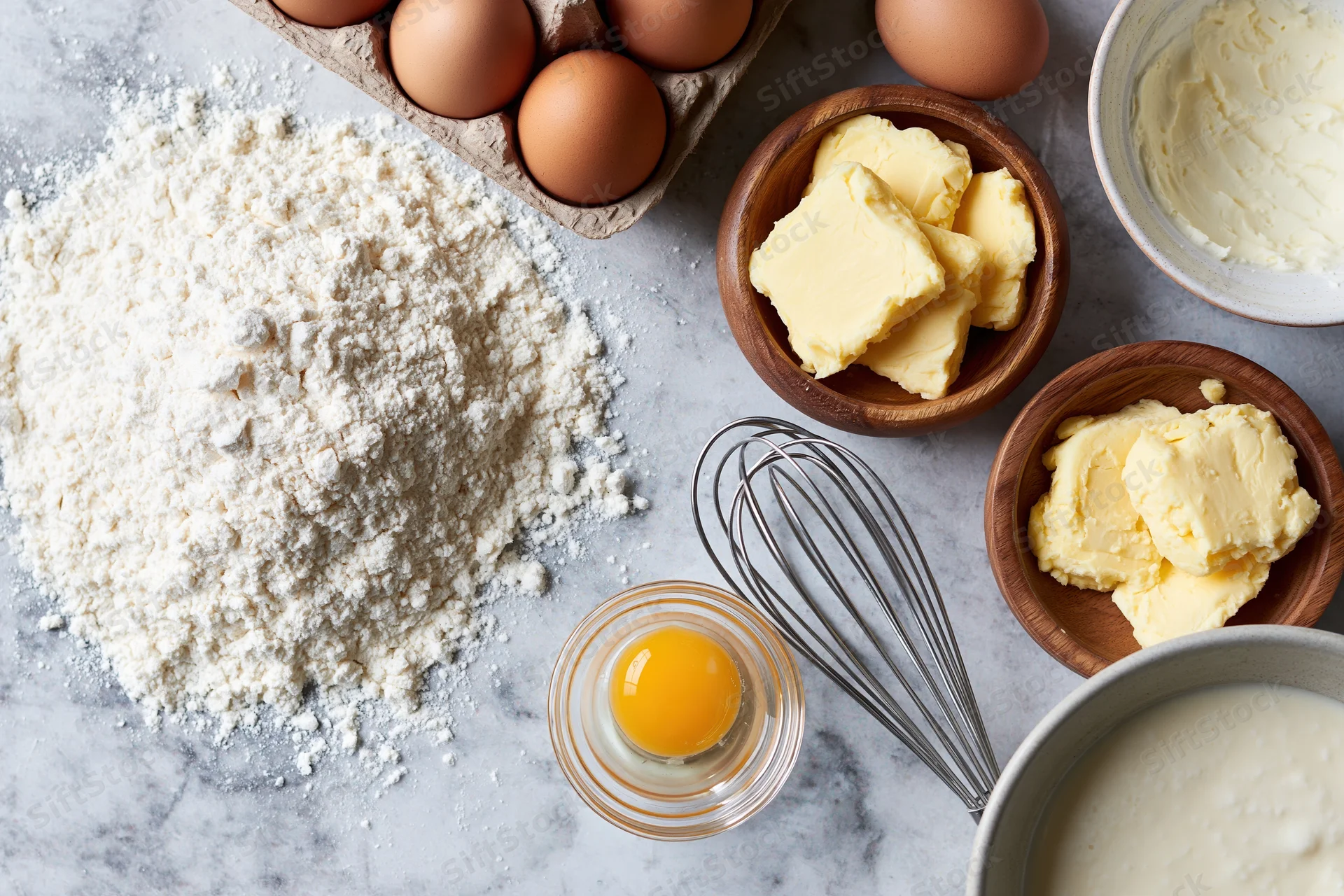 Baking ingredients arranged on a marble countertop with flour, eggs, butter, milk and a whisk