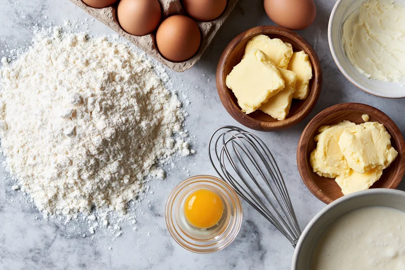 Baking ingredients arranged on a marble countertop with flour, eggs, butter, milk and a whisk