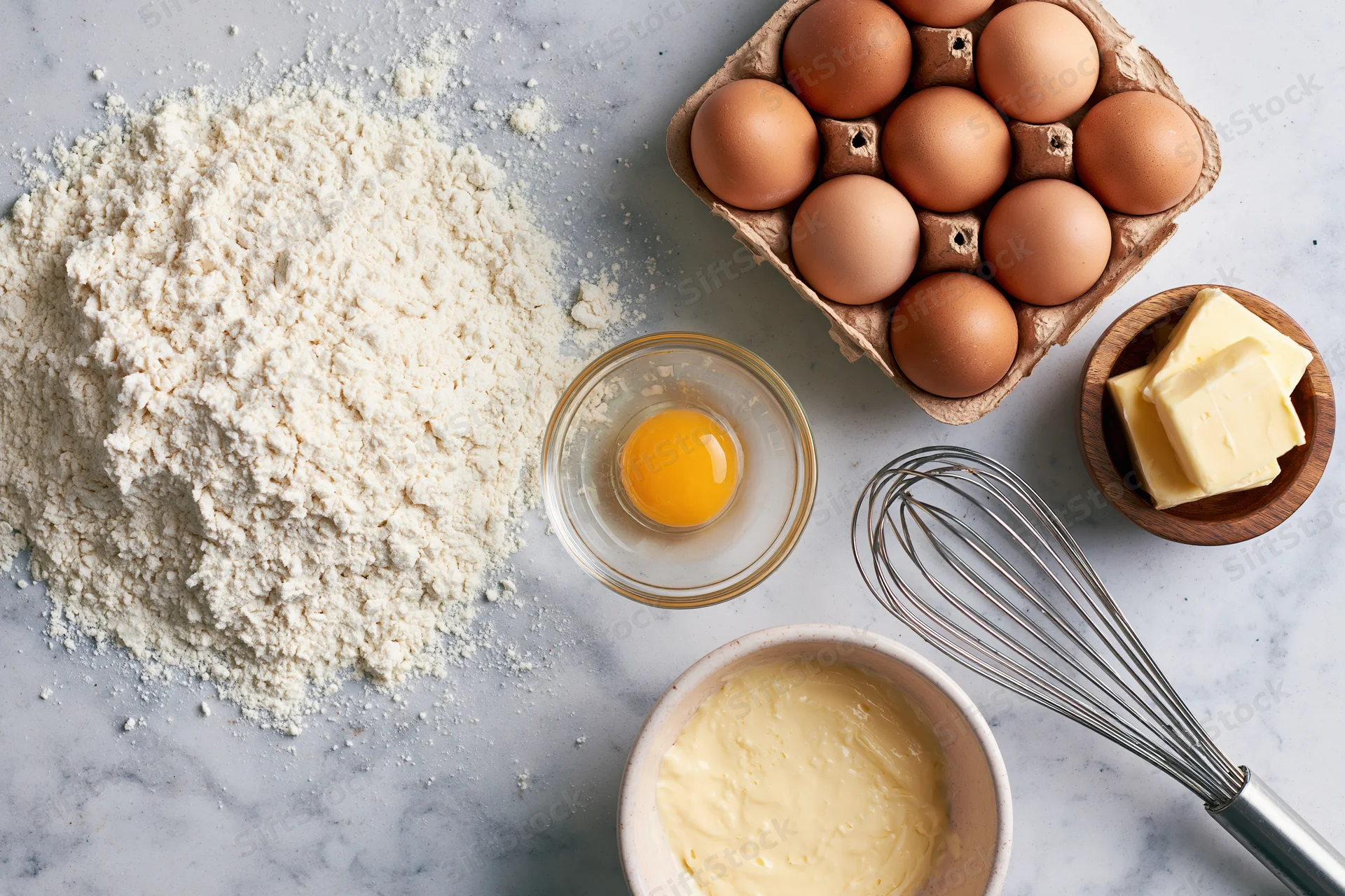 Baking ingredients arranged on a marble countertop including flour, eggs, butter, whisk and bowl
