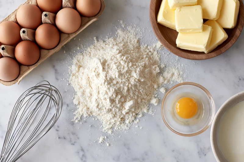 Baking ingredients arranged on a marble countertop with flour, eggs, butter and milk for recipe preparation