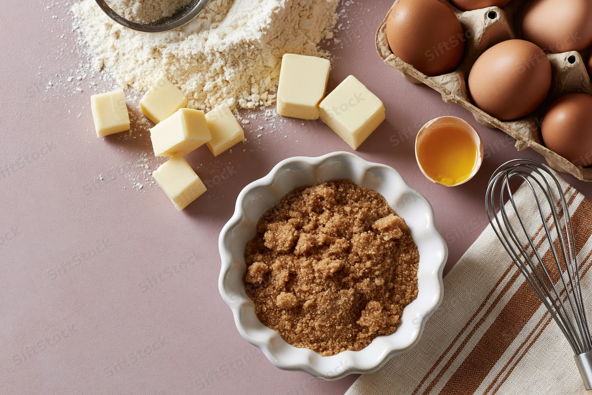 Baking ingredients arranged on a pink countertop with a whisk and striped cloth