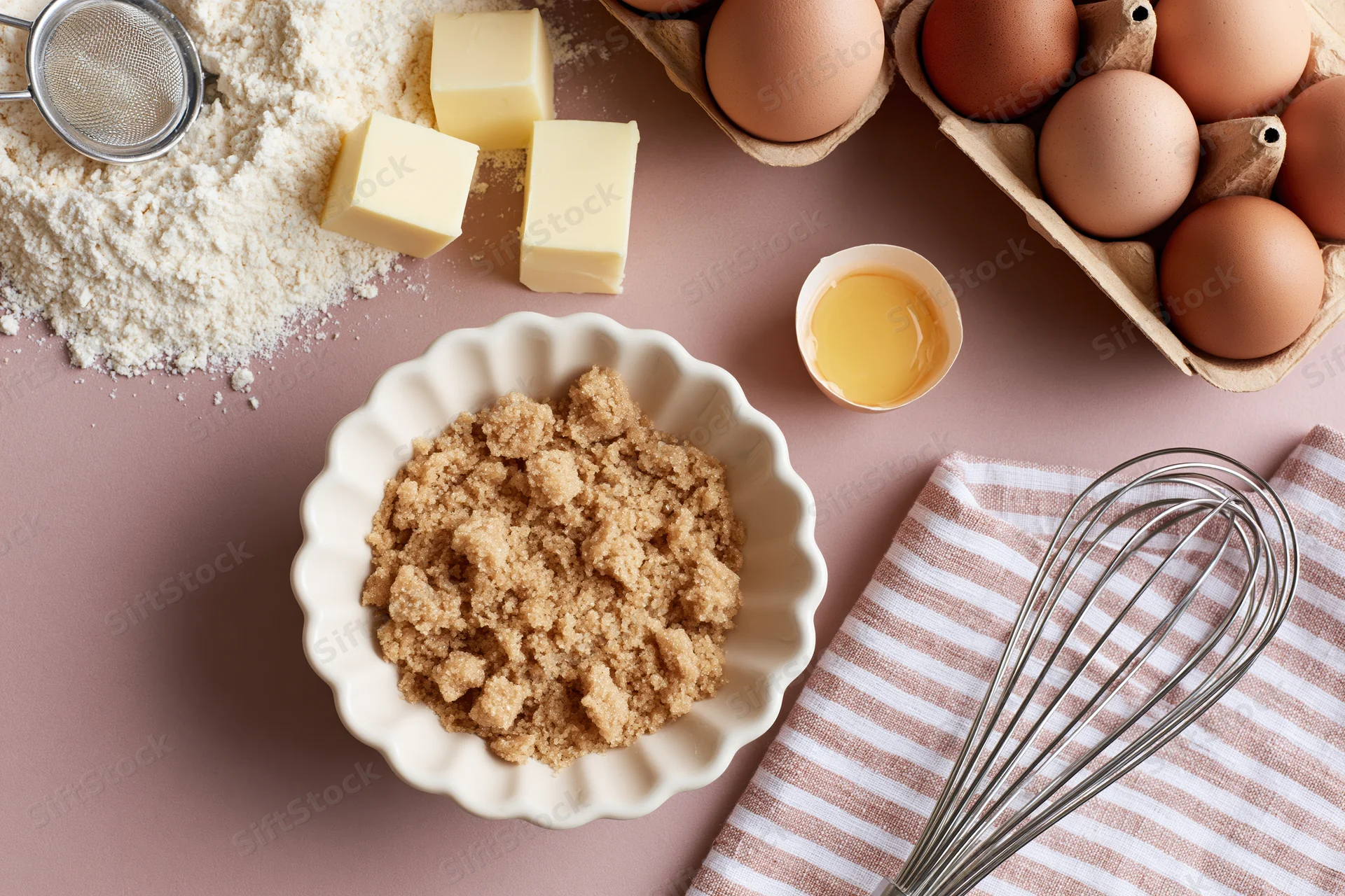 Baking ingredients arranged on a pink surface with a whisk and striped towel
