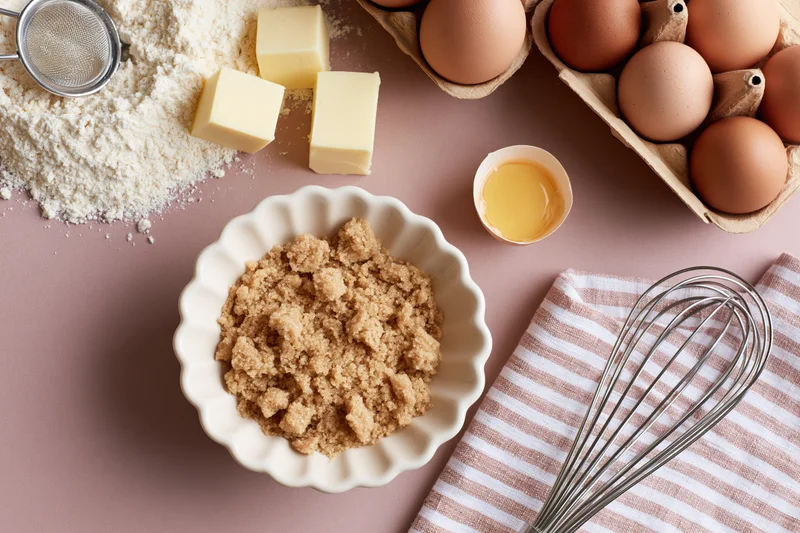 Baking ingredients arranged on a pink surface with a whisk and striped towel