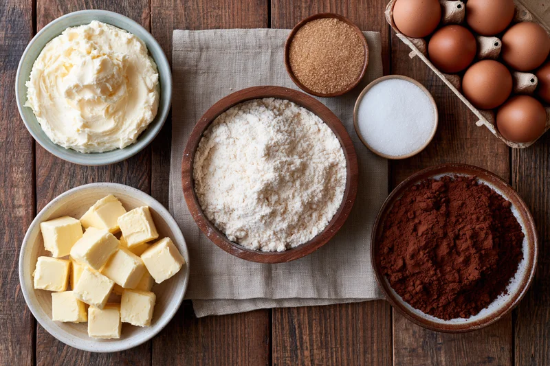 Baking ingredients arranged on a wooden table with bowls of flour, eggs, butter, sugar, cocoa, and cream