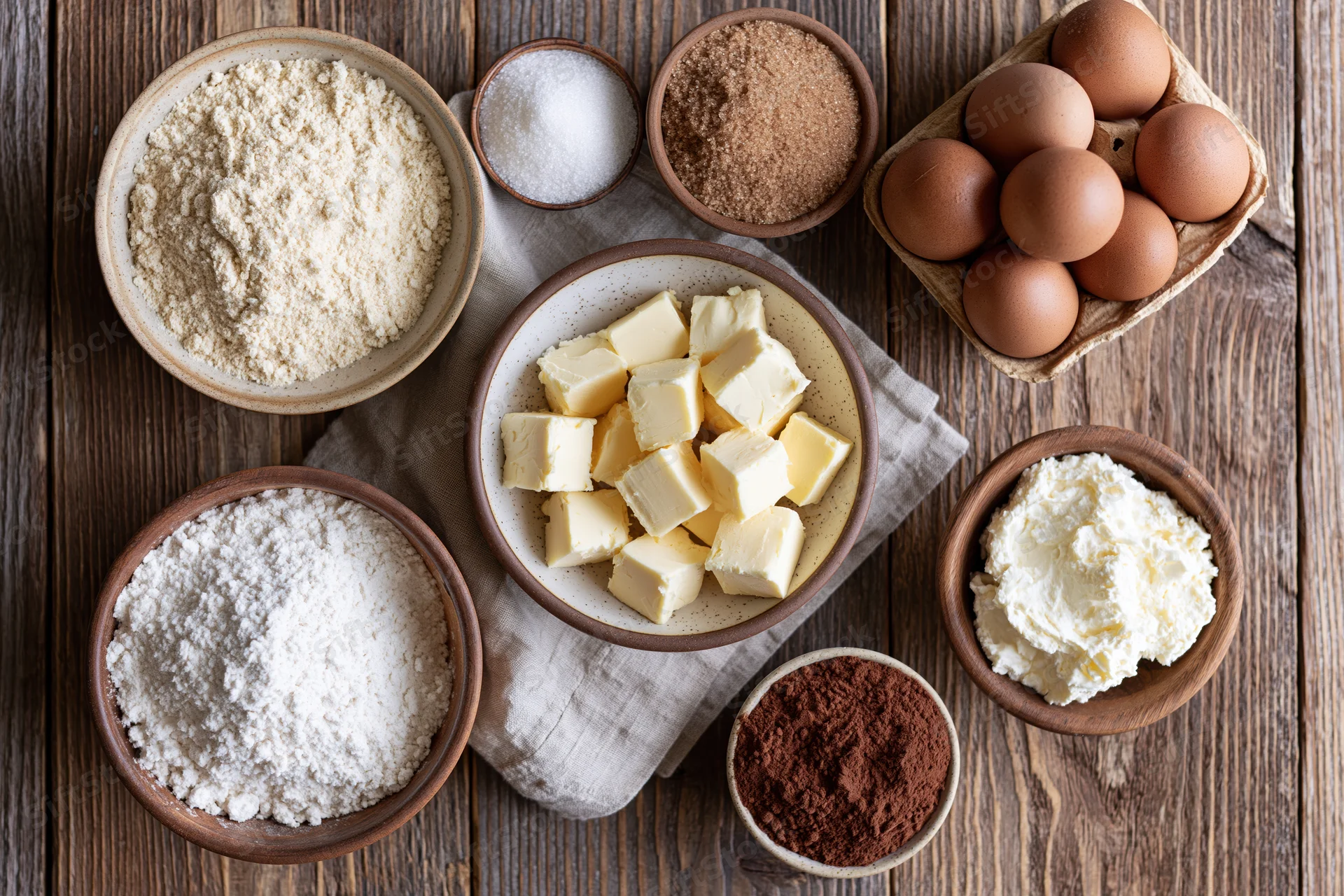 Baking ingredients arranged on a wooden table with bowls of flour, eggs, butter, sugar, cocoa, and cream
