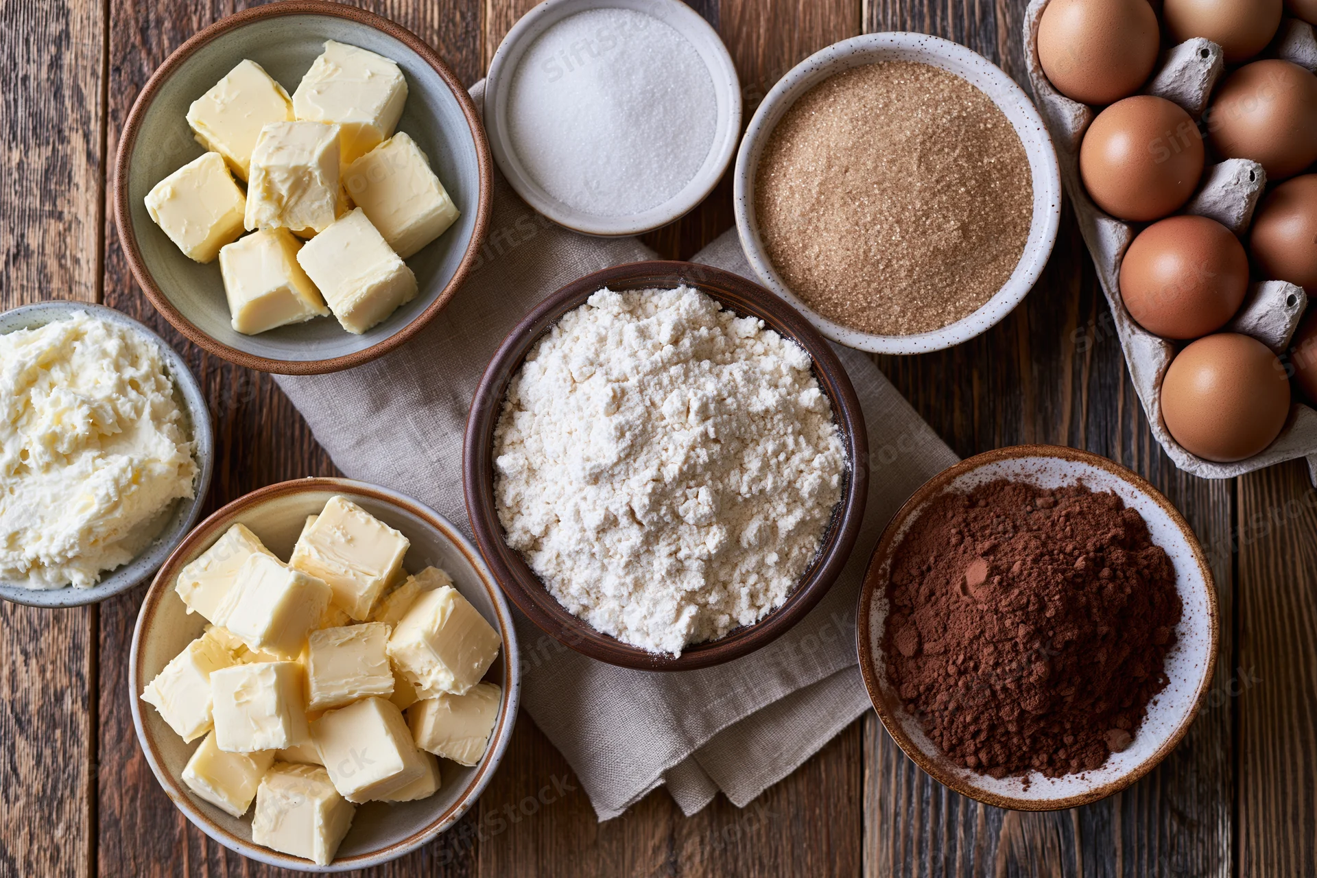 Baking ingredients arranged in ceramic bowls on a wooden table