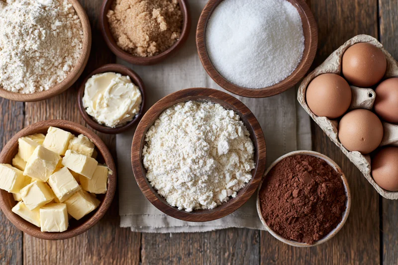 Baking ingredients arranged in wooden bowls on a rustic wooden countertop