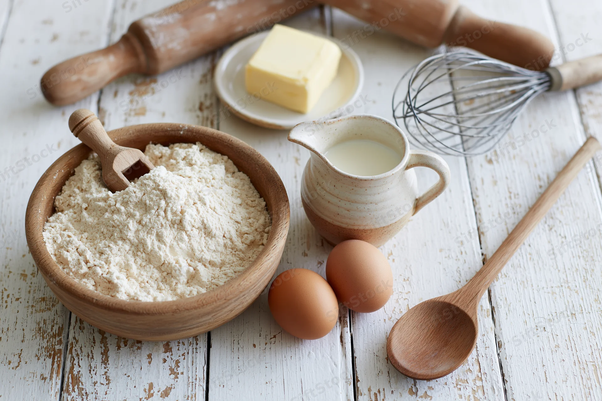 Baking ingredients arranged on a rustic white wooden table with wooden utensils and ceramic pitcher