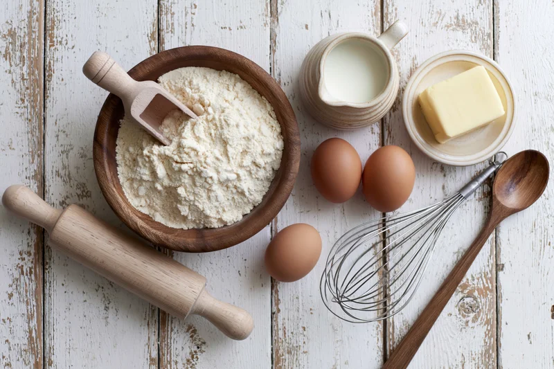 Baking ingredients arranged on a white wooden tabletop with utensils and dairy products