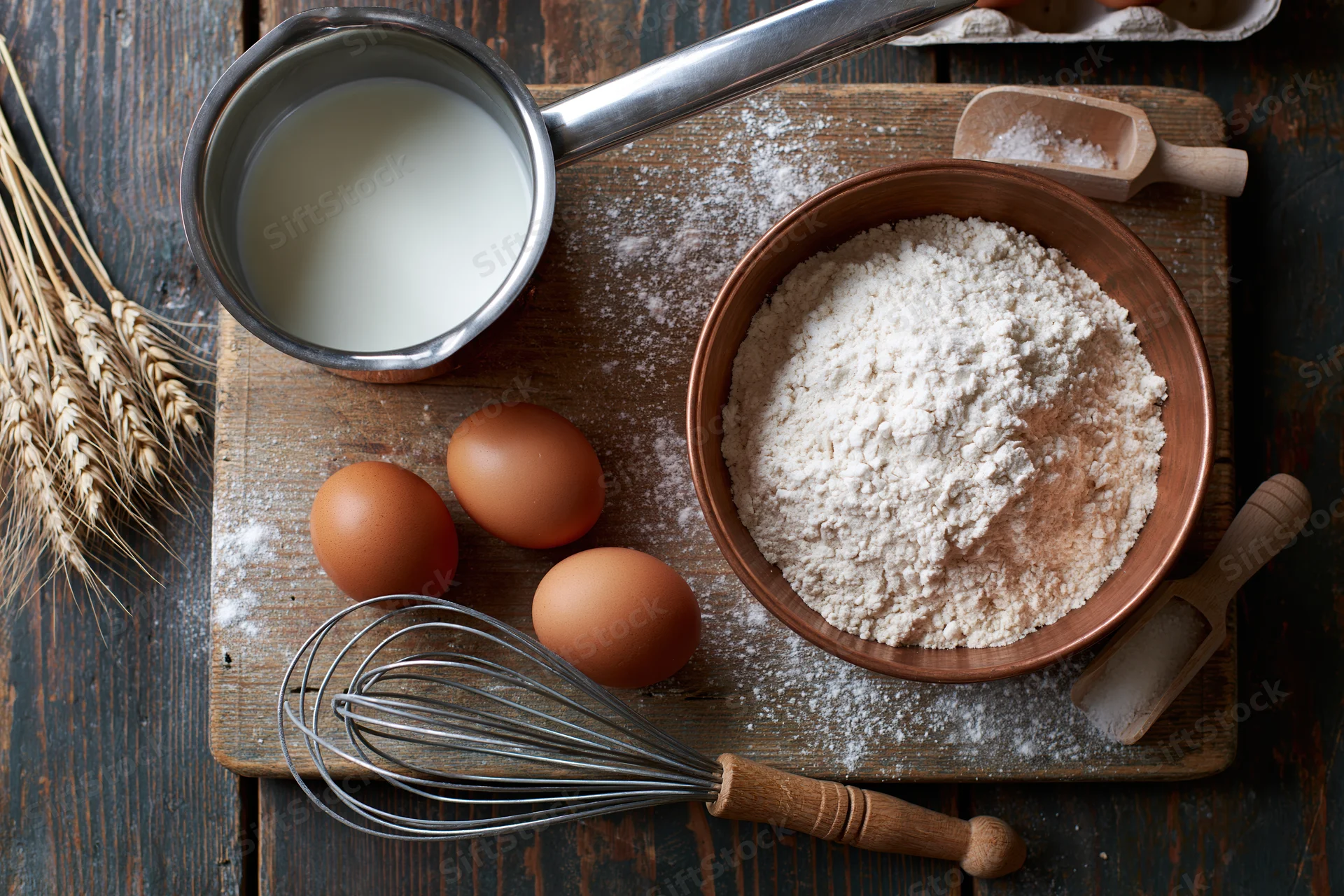 Baking ingredients arranged on a wooden board with a whisk, copper bowl, and wheat stalks