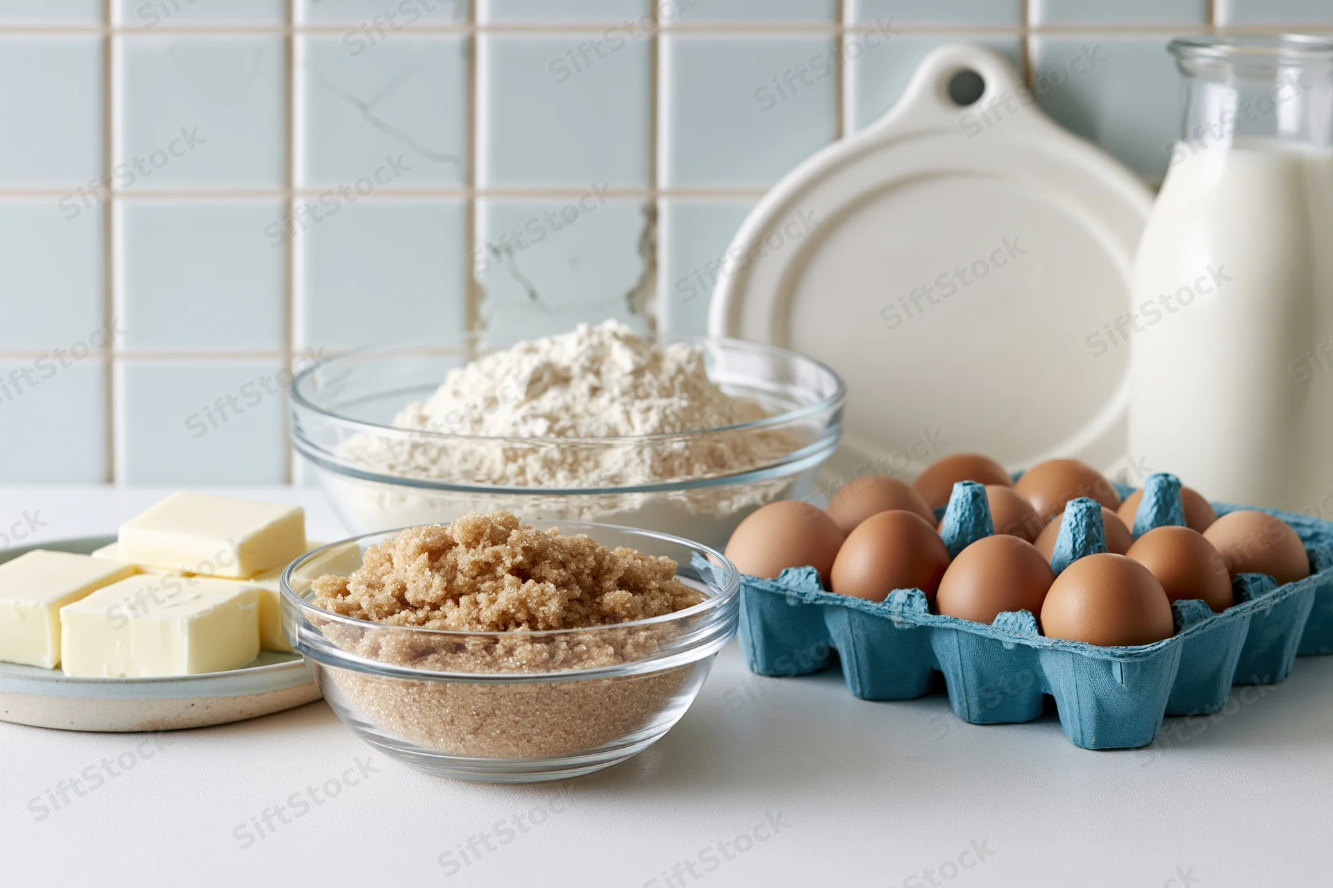 Baking ingredients arranged on a kitchen countertop with flour, eggs, sugar, butter and milk visible