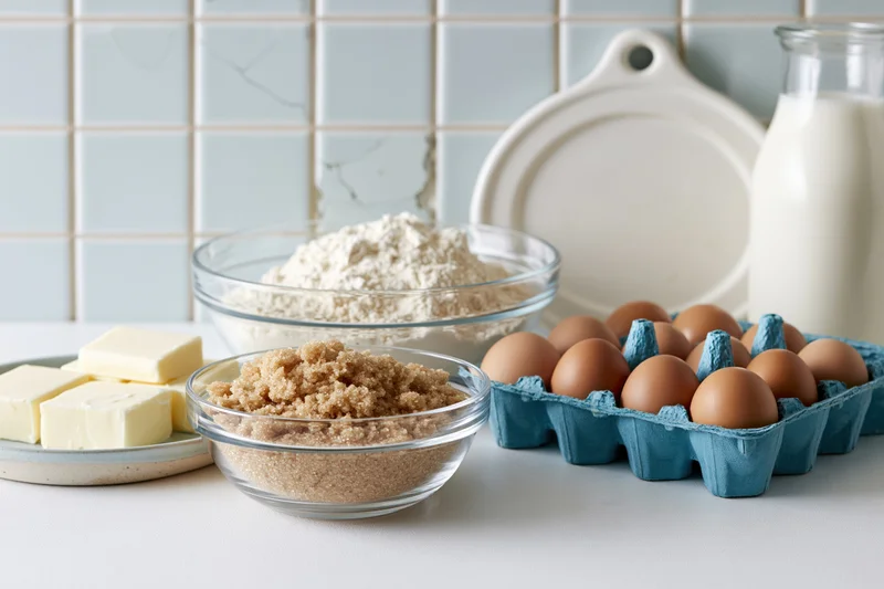 Baking ingredients arranged on a kitchen countertop with flour, eggs, sugar, butter and milk visible