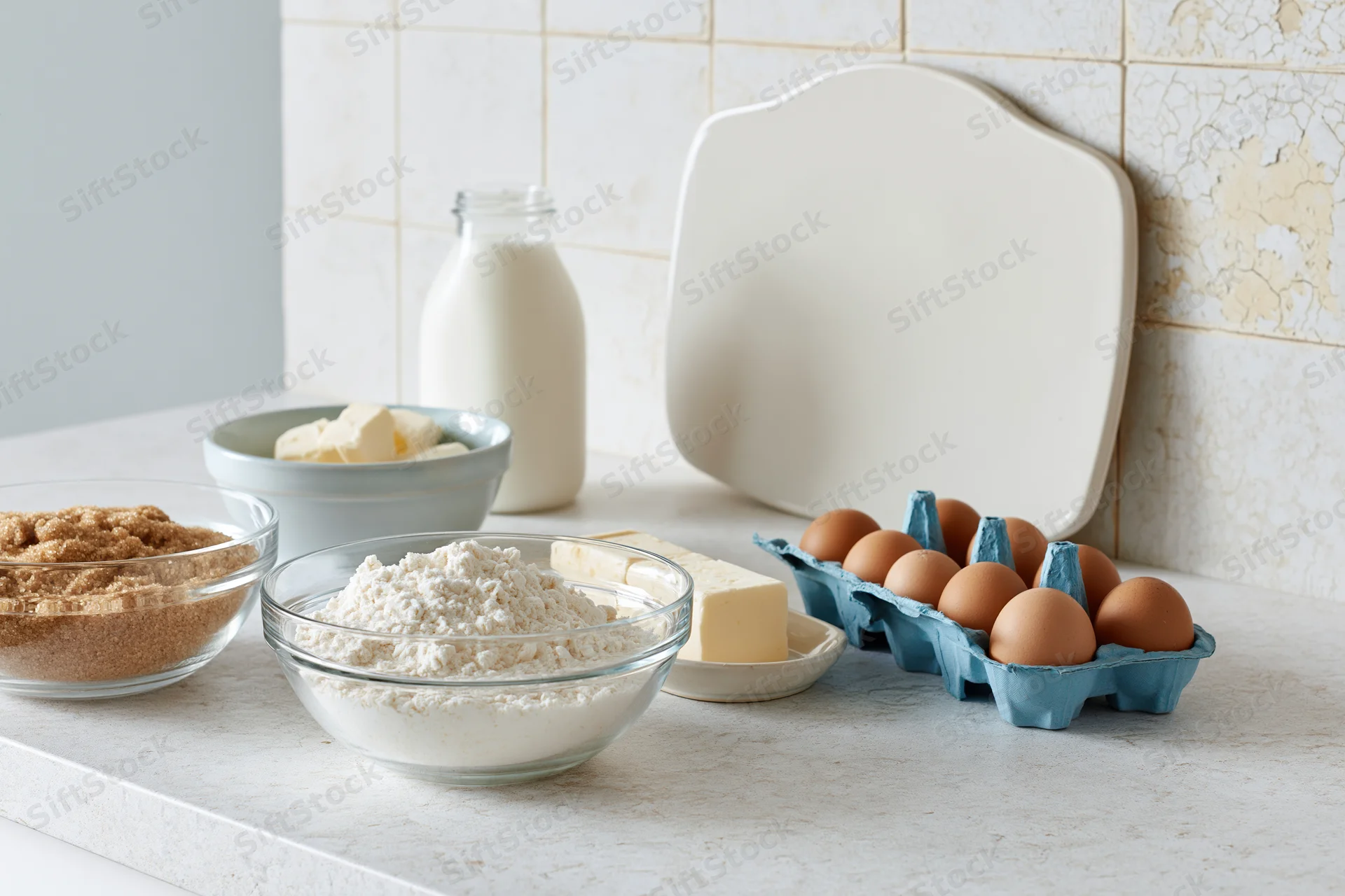 Baking ingredients arranged on a kitchen countertop with flour, eggs, sugar, milk and butter in bowls and cartons