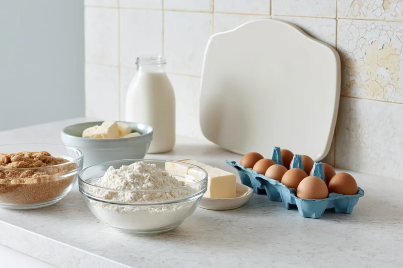 Baking ingredients arranged on a kitchen countertop with flour, eggs, sugar, milk and butter in bowls and cartons