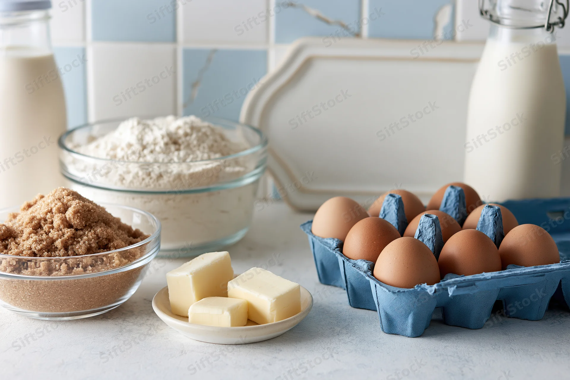 Baking ingredients arranged on a kitchen countertop including eggs in a blue carton, flour, sugar, butter, and milk in glass bottles