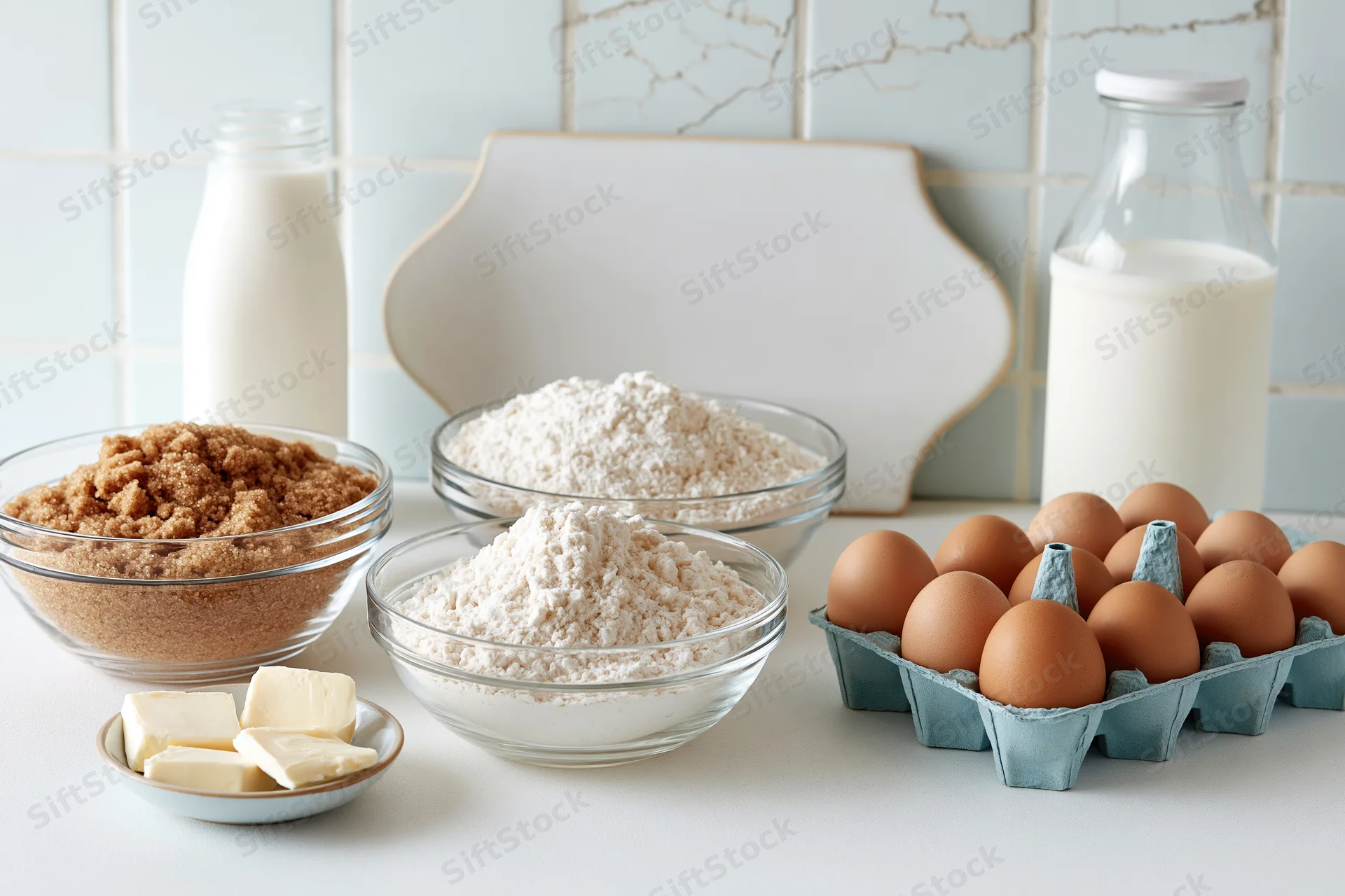 Baking ingredients arranged on a kitchen countertop with glass bowls, carton of eggs, milk jars, and butter dish