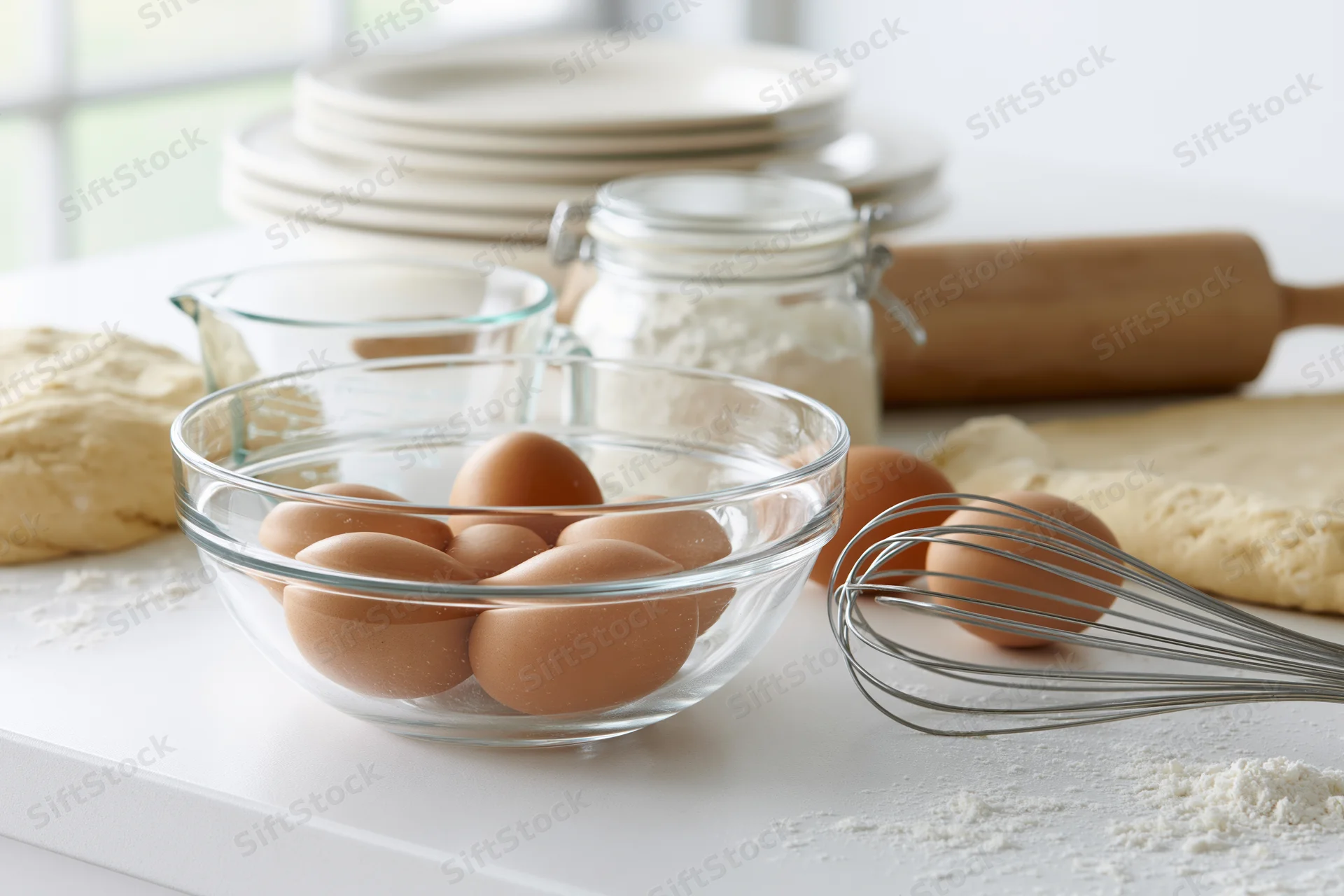 Eggs in a glass bowl with baking ingredients and tools on a white countertop