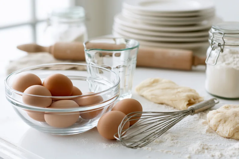 Eggs and baking ingredients arranged on a kitchen countertop with dough, flour, whisk and rolling pin