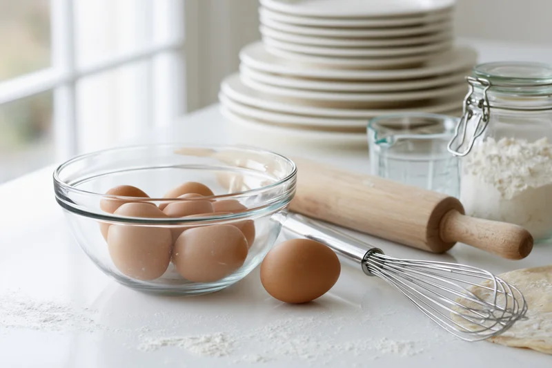 Eggs and baking tools arranged on a white countertop near a window