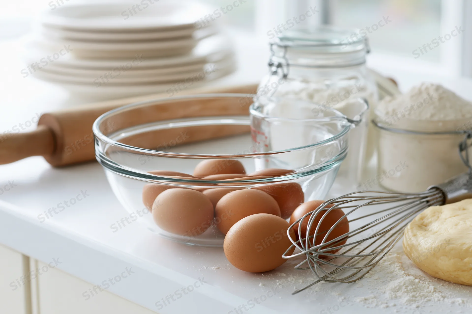 Eggs and flour on a kitchen counter with baking tools and dough for home baking