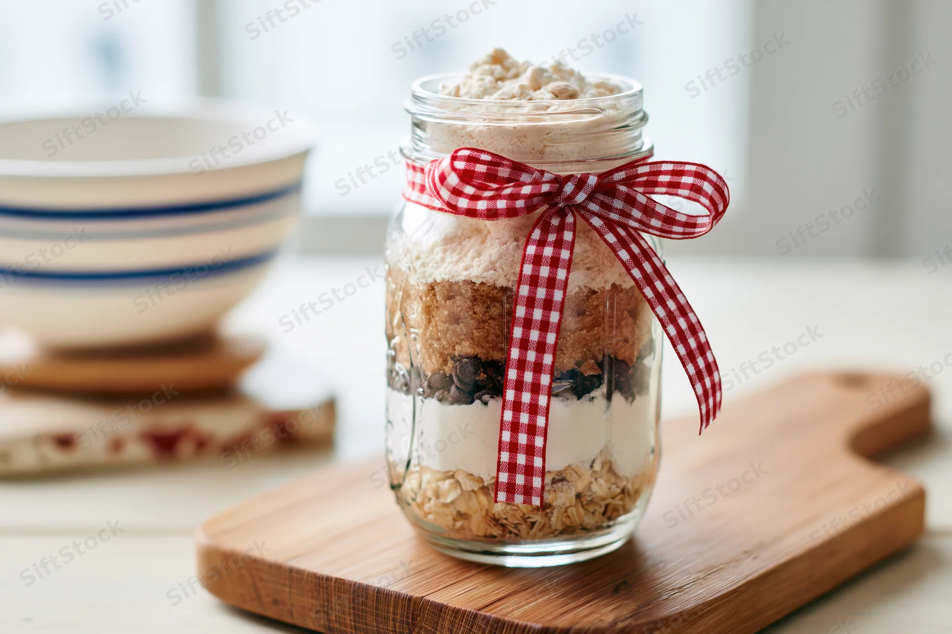 Layered breakfast mix in a glass jar with red checkered ribbon on wooden cutting board