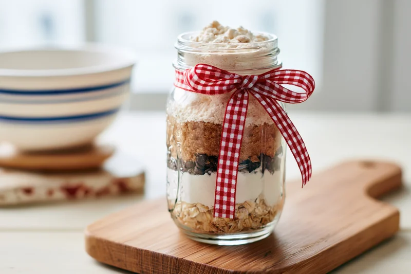 Layered breakfast mix in a glass jar with red checkered ribbon on wooden cutting board